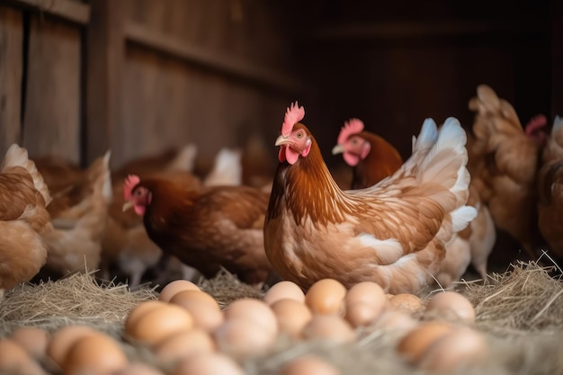 gallina pone huevos en un gallinero en un grupo de pollos