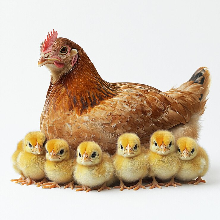 La gallina protectora con los pequeños y lindos pollitos en el espacio blanco