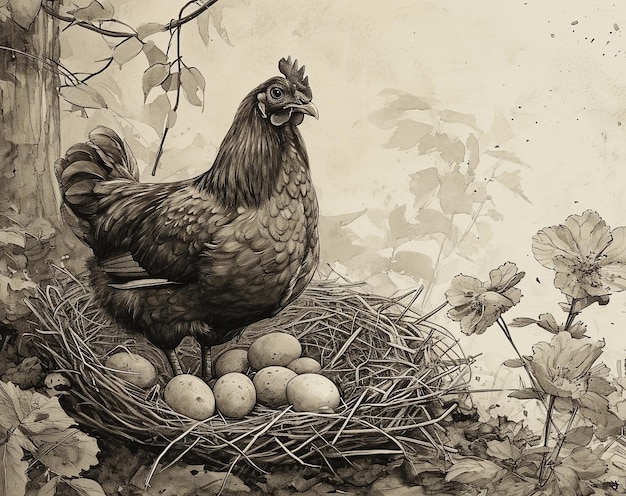 Foto la gallina rústica y los huevos una escena atemporal de la vida campesina