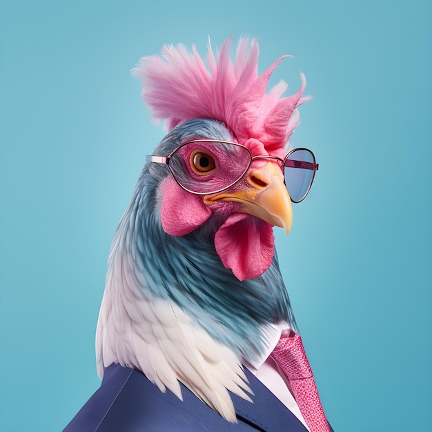 Una gallina con traje de flamenco rosa y gafas.