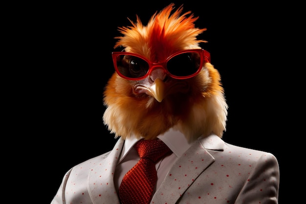 Una gallina con traje y gafas de sol.