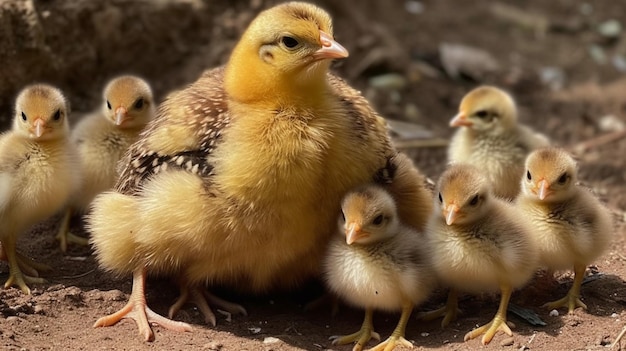 Foto una gallina con tres crías en el suelo.