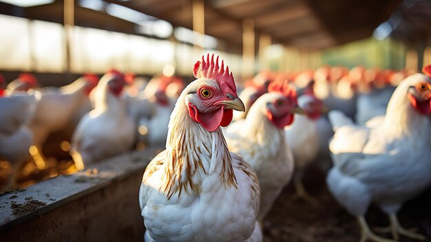 Las gallinas en jaulas de la granja industrial IA generativa