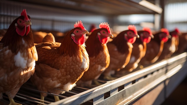 Las gallinas en jaulas de la granja industrial IA generativa