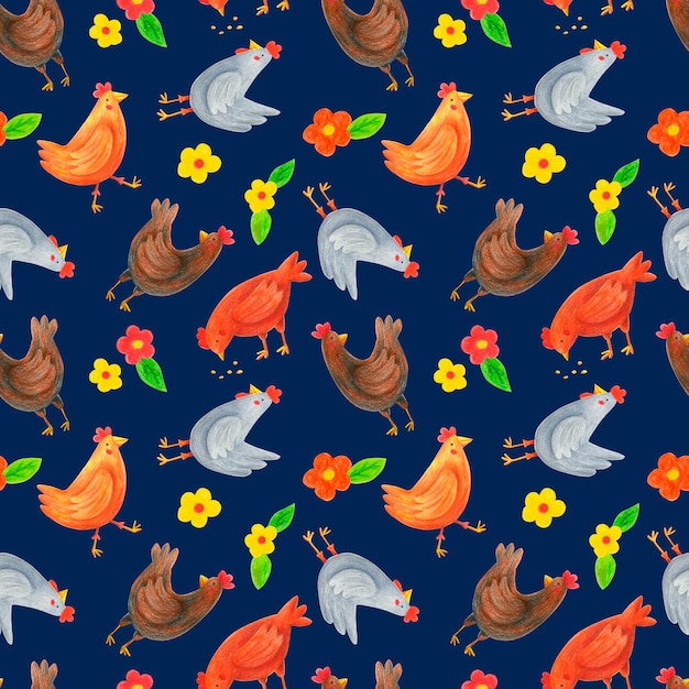 Gallinas de patrones sin fisuras en azul. Dibujado a mano con lápices de colores, pollitos, flores, hojas repiten la impresión.