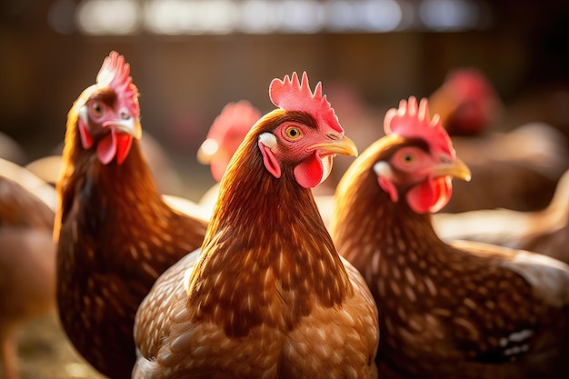 Las gallinas ponedoras en el fondo interior borroso de la granja avícola