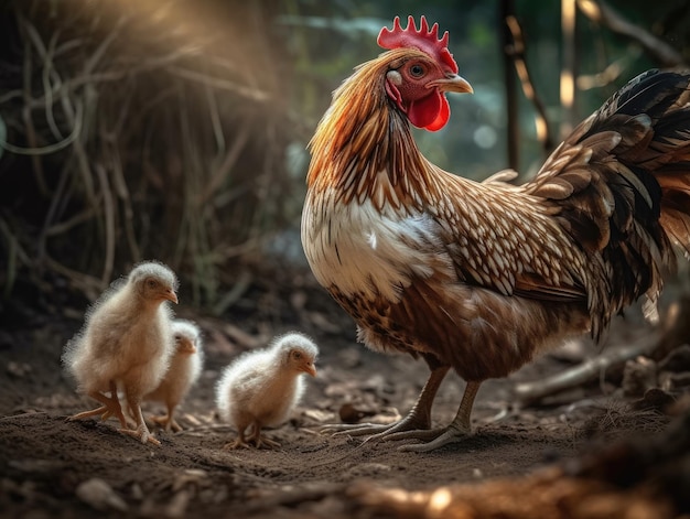 Gallo adulto con crías IA generativa