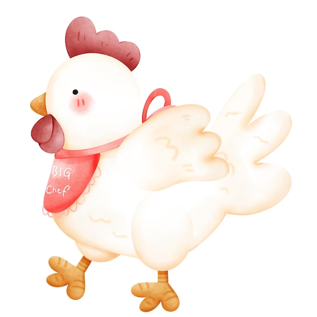 El gallo blanco y el pollo de dibujos animados con pañuelo en fondo blanco acuarela ilustración emoción