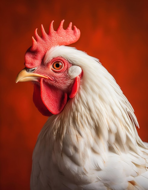 Foto gallo blanco sobre fondo rojo de cerca