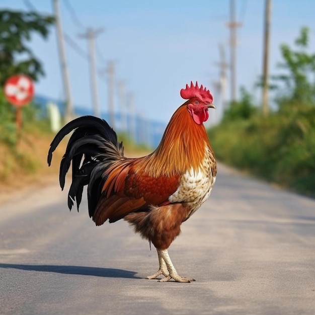 Foto un gallo está caminando por la carretera delante de un letrero que dice pollo