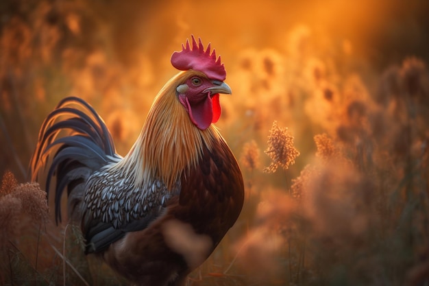 Un gallo en un campo de flores.