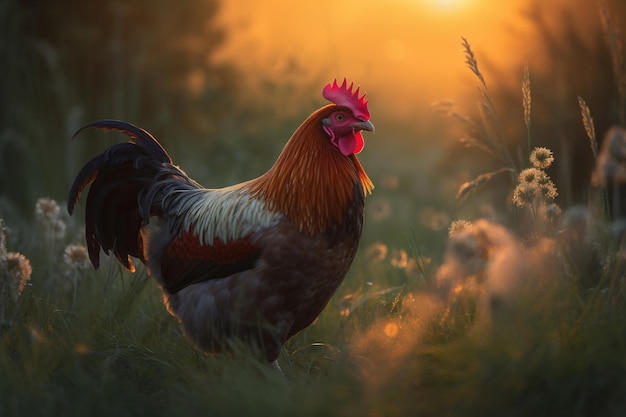 Un gallo se para en un campo con la puesta de sol detrás de él.