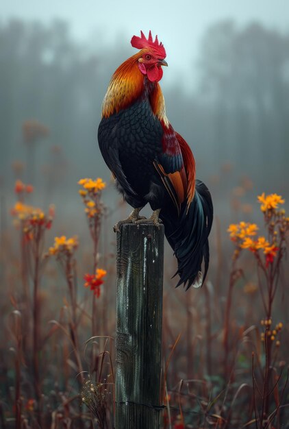 Foto el gallo cantando en un poste de madera en una mañana de niebla