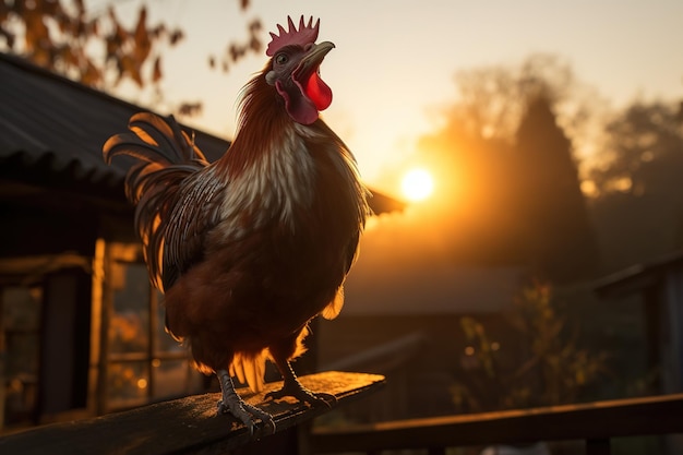 un gallo cantando en un poste de la valla al amanecer un gallo canta temprano en la mañana bajo la luz del sol