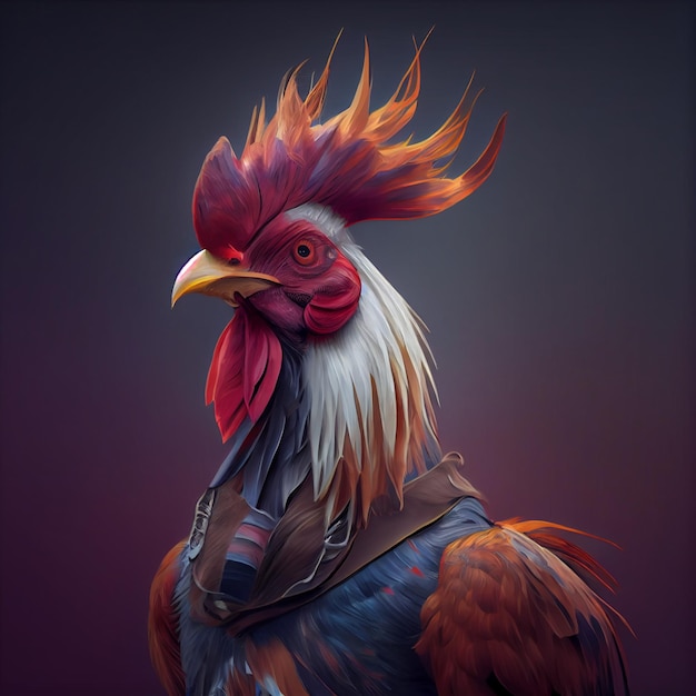 Un gallo con chaleco de cuero y cabeza roja.