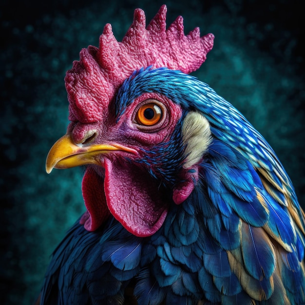 Un gallo colorido con la cabeza roja y un ojo amarillo.