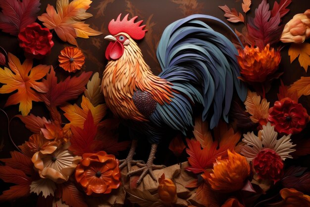 El gallo desafiante en las hojas de otoño Genera ai