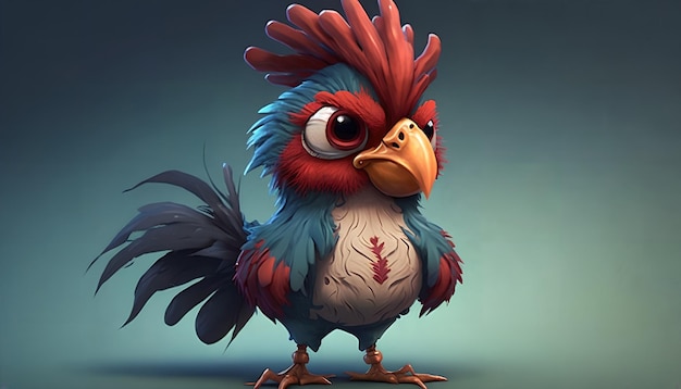 Un gallo de dibujos animados con plumas rojas y azules.