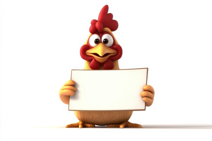 Gallo de dibujos animados con una sonrisa sosteniendo un letrero en blanco listo para su mensaje personalizado