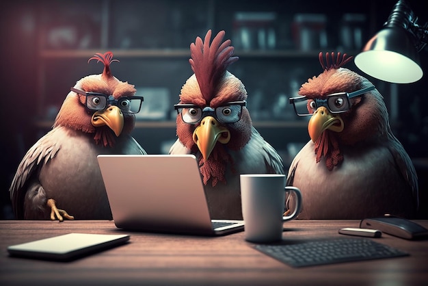 Gallo enojado y dos gallinas detrás de un concepto de trabajo de oficina portátil IA generativa