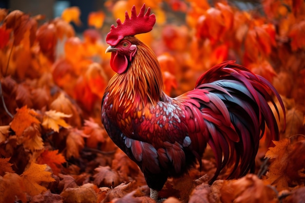 Foto el gallo en las hojas de otoño genera ai