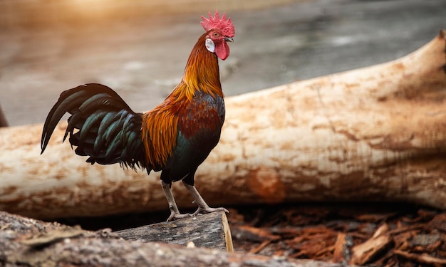 Un gallo macho fuerte y hermoso se para en un tronco