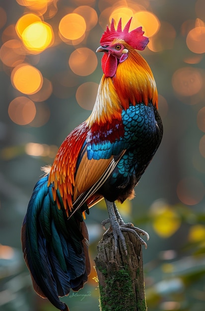 un gallo macho de pie en la parte superior de un poste afuera