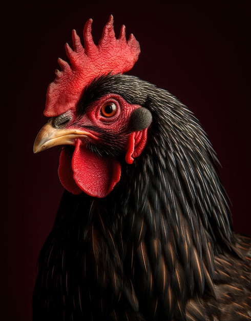 Foto gallo oscuro en fondo oscuro de cerca