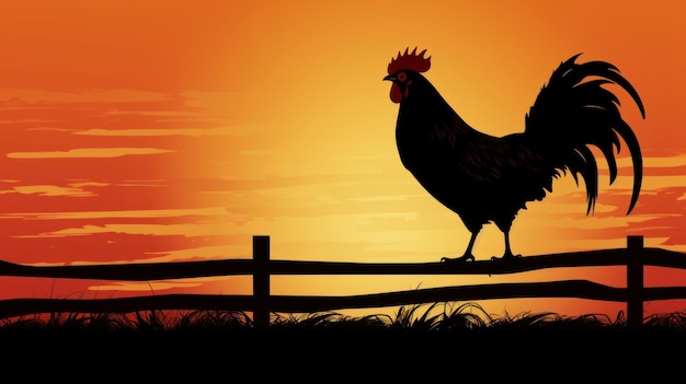 Un gallo parado en una cerca al atardecer