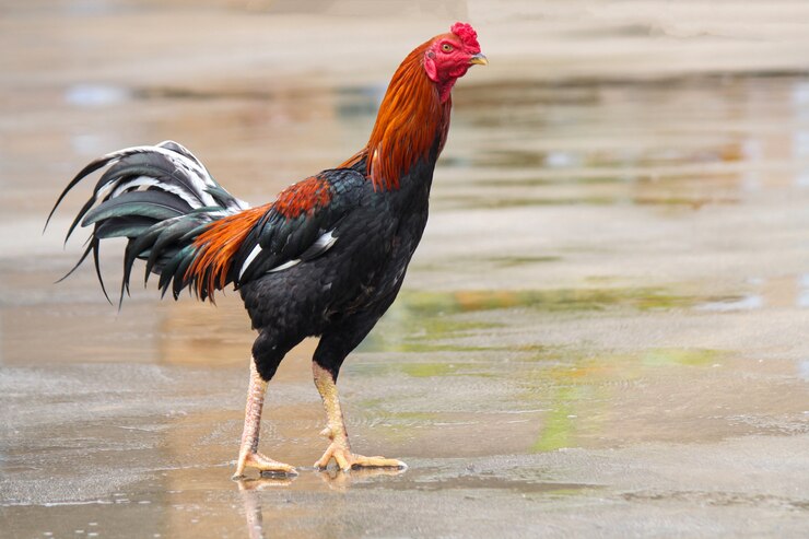 El gallo de pelea en casa en el piso de cemento después del día lluvioso en Tailandia