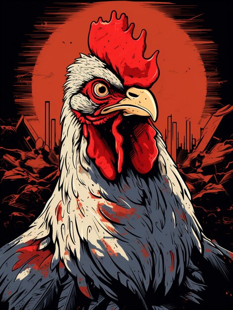 gallo con pico rojo y ojos rojos frente a una ciudad ai generativa