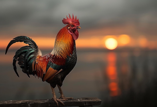 El gallo de pie en la valla al atardecer