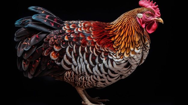 Un gallo con plumas rojas y blancas.