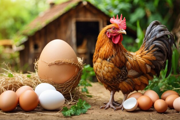 Gallo de pollo ecológico y huevos generados por la IA