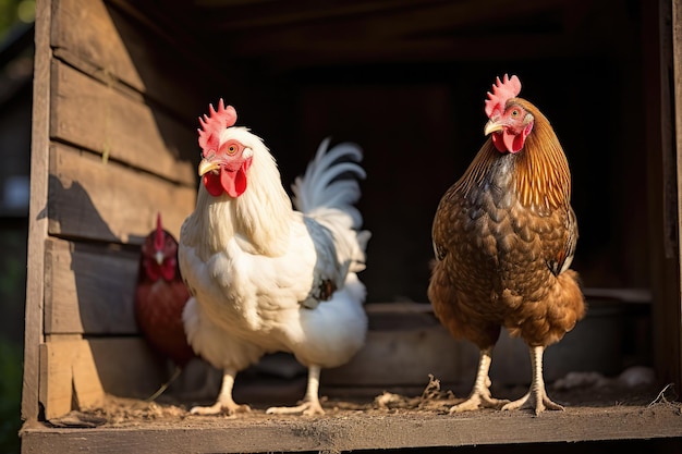 Gallo y pollo en el gallinero de la granja