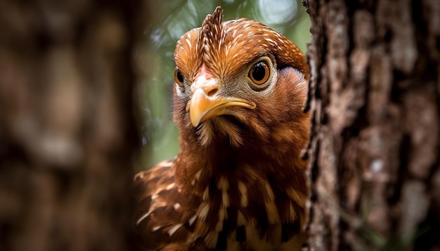 Gallo posado en una rama observando el entorno generado por la IA