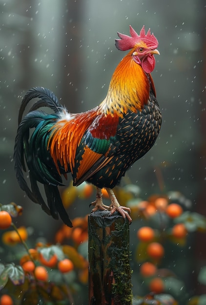 El gallo sentado en el tronco del árbol bajo la lluvia