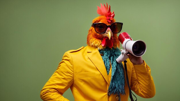 Foto un gallo está sosteniendo un megáfono en ropa de lujo y un fondo amarillo generativo ai