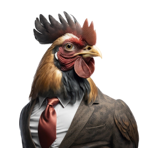 Un gallo de traje y corbata con corbata roja.