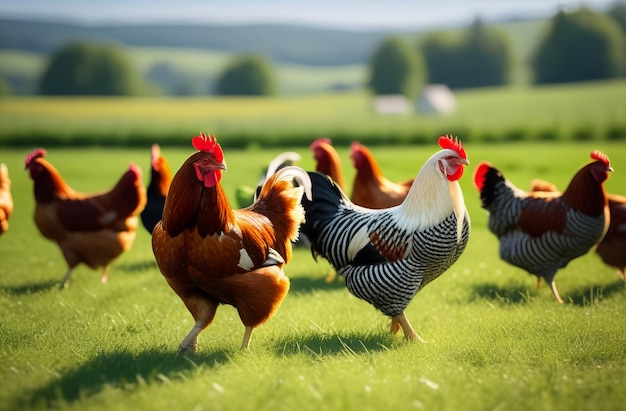 Los gallos y las gallinas pastan en el campo