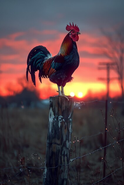 Galo de pé no poste da cerca ao pôr-do-sol