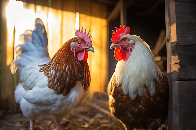 Galo e frango no galinheiro na fazenda