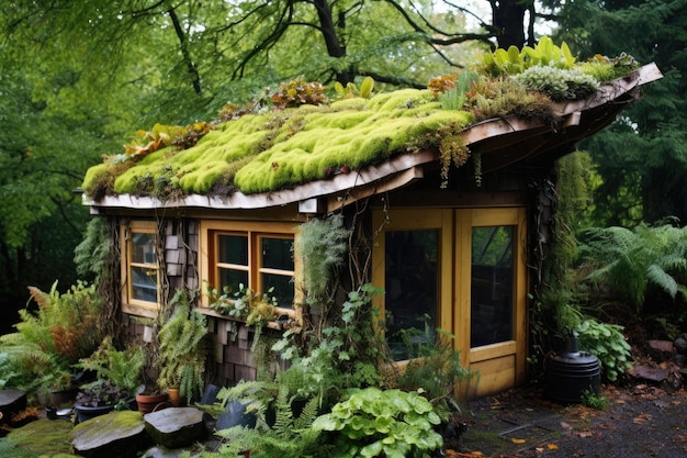 Galpão de jardim para transformação de telhado verde floresce