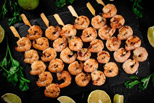 Gambas a la plancha sobre una tabla de piedra con perejil y lima