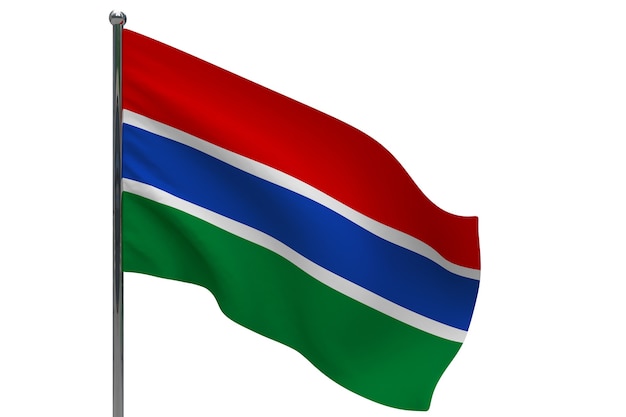 Gambia Flagge auf Stange. Fahnenmast aus Metall. Nationalflagge von Gambia 3D-Illustration auf Weiß