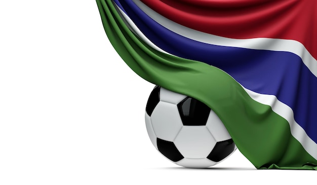 Gambia Nationalflagge drapiert über einem Fußball 3D-Rendering