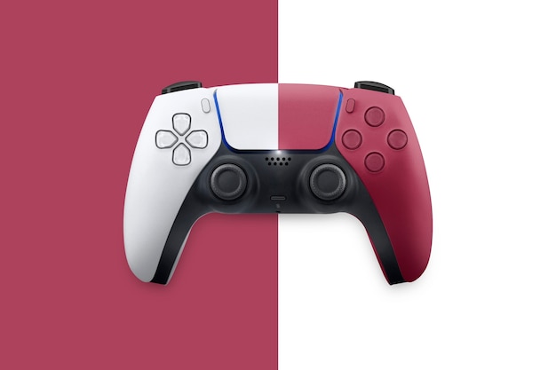 Gamecontroller der nächsten Generation auf Hintergrund isoliert. Halb und halb weiß und rot. Ansicht von oben.