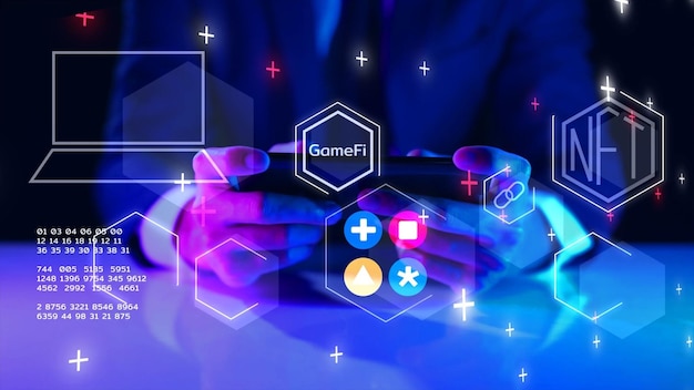 GameFi DeFi futurista NFT GameFi finanzas descentralizadas jugar para ganar juego tecnología digital en línea Empresario con icono gráfico de teléfono móvil