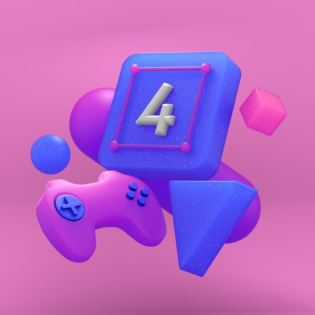 Gamepad en las bolas de colores sobre fondo azul. Render 3D.