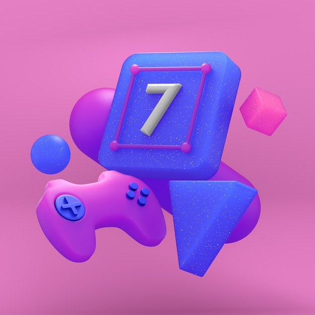 Gamepad en las bolas de colores sobre fondo azul. Render 3D.